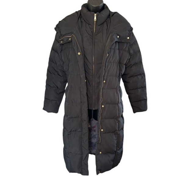 Cole Haan Hooded Puffer Coat Down Filled Sz L Black Winter Chic Gold Tone Zip - Picture 1 of 14